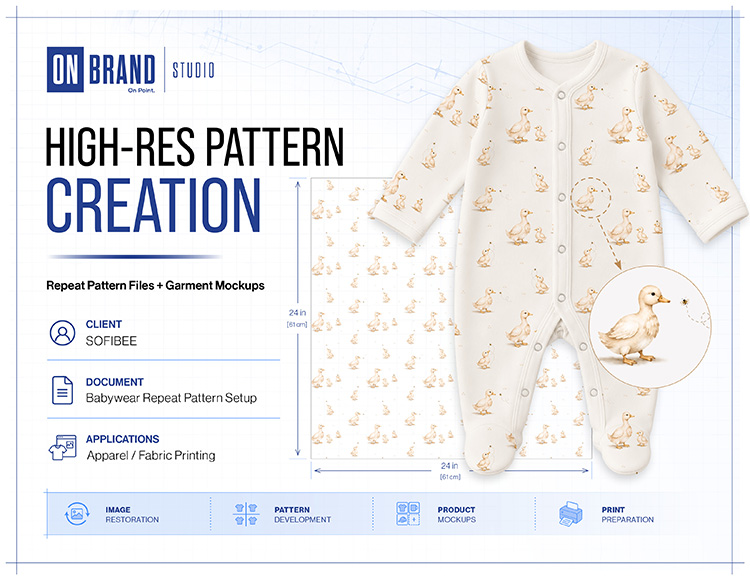 Custom onesie apparel pattern presentation sheet and product concept design by ON Brand Studio
